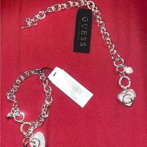 GUESS Silver Heart Charm Bracelet with Crystal Accents X2